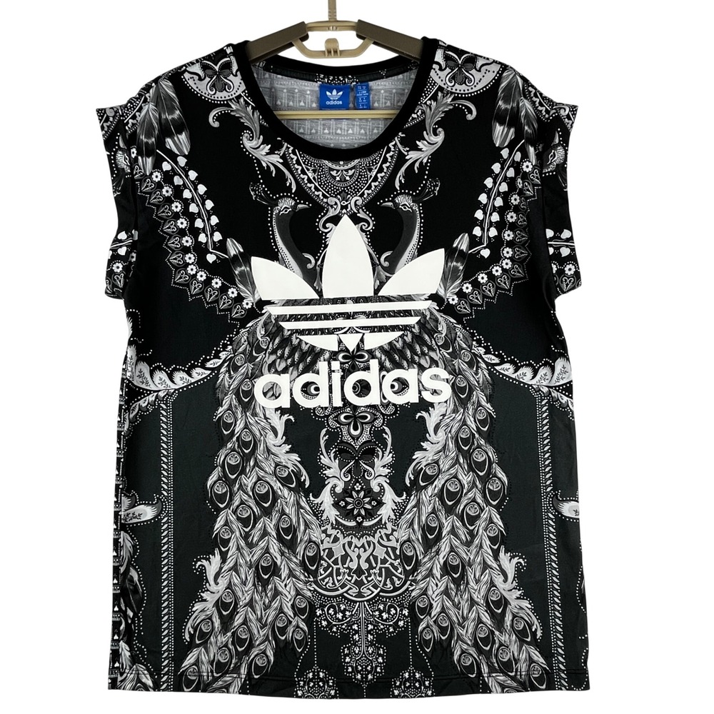 Adidas Sleeveless T-Shirt Womens Medium (M) Black White Peacock Trefoil Logo